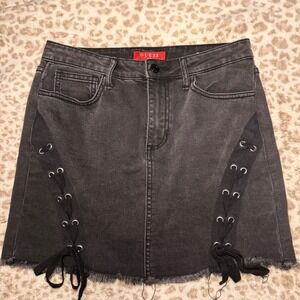 GUESS Womens Denim Mini Skirt Black Lace Up Distressed Frayed Hem Size 2
